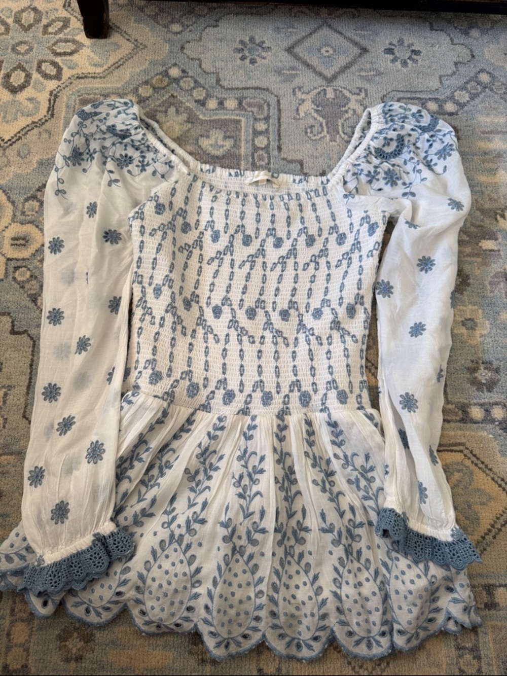 LoveShackFancy White Dress with Blue Embroidery Mini